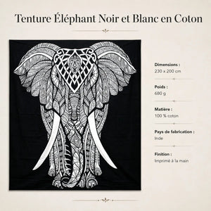 Tenture éléphant noir et blanc avec dimensions 230 x 200 cm et caractéristiques