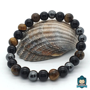 Bracelet Triple Protection en il de Tigre Hématite et Obsidienne Noire La Maison de Bouddha