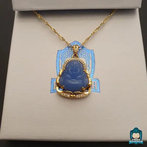Collier-Bouddha-Rieur-jade-Bleu-contour-strass-chaine-couleur-or-18k-La-Maison-de-Bouddha
