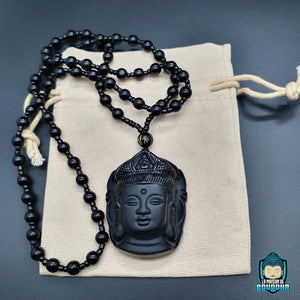 Collier et Pendentif Bouddha Vitalité en Obsidienne Noire