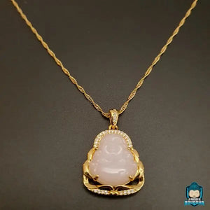 Pendentif-Bouddha-Rieur-Quartz-Rose-et-chaine-doree-torsadee-La-Maison-de-Bouddha