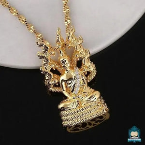 Pendentif-Bouddha-Thailandais-Dore-et-argent-strass-chaine-couleur-or-torsade-La-Maison-de-Bouddha