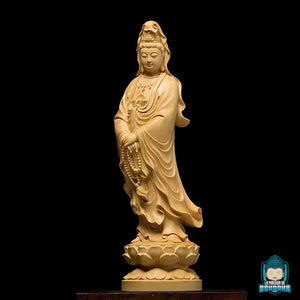 Statue-Bodhisattva-Guanyin-Debout-en-Bois-de-Buis-bois-clair-sur-une-fleur-de-lotus-La-Maison-de-Bouddha