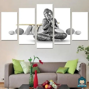 Tableau-Bouddha-Argent-5-panneaux-toiles