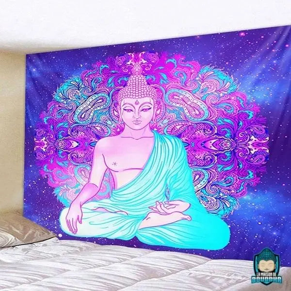 Tapisserie-Bouddha-bhumisparsa-mudra-tenture-toile-en-polyester-coloris-bleu-violet-rose