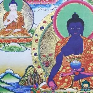 Thangka-Bouddha-Medecine-toile-de-tissus-zoom-Bouddha-details-La-Maison-de-Bouddha.