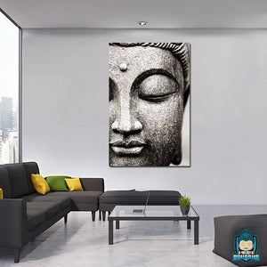 Toile-Bouddha-Gris-1-piece-vertical-rectangulaire-visage-de-Bouddha-decoration-murale