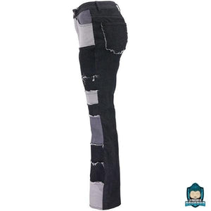 jeans-ethnique-patchwork-noir-parme-fausses-poches-fermeture-a-bouton-coton-polyester-stretch-effet-fils-defaits-vue-profil-La-Maison-de-Bouddha