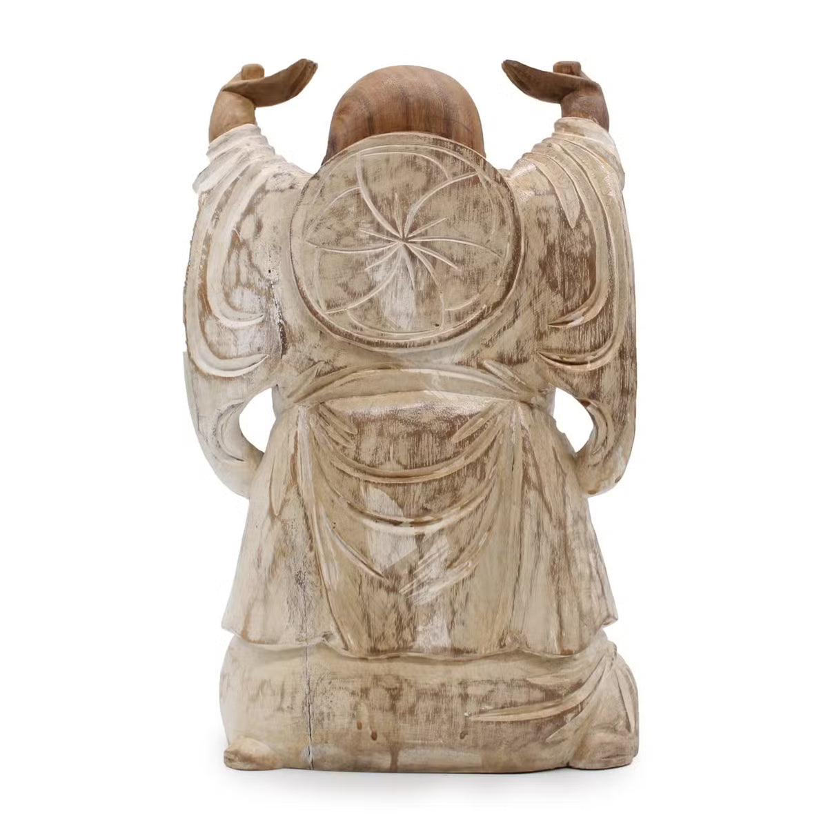 Vue de dos de la statue Bouddha Rieur Budai bras levés – 40 cm