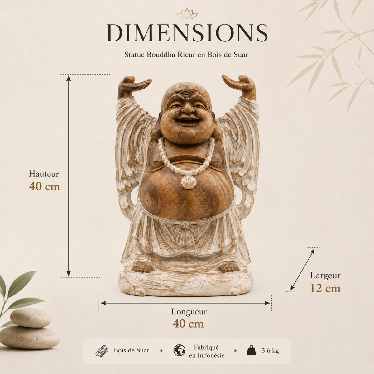 Dimensions de la statue Budai en bois de Suar – 40 x 40 x 12 cm