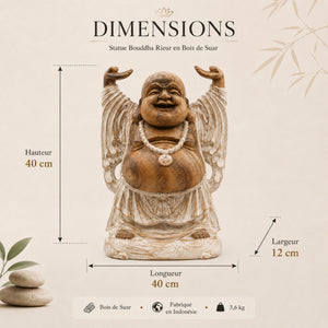 Dimensions de la statue Budai en bois de Suar – 40 x 40 x 12 cm