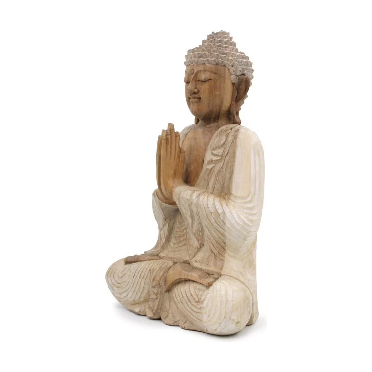 Statue Bouddha Namasté en bois de Suar – vues de face, profil et dos