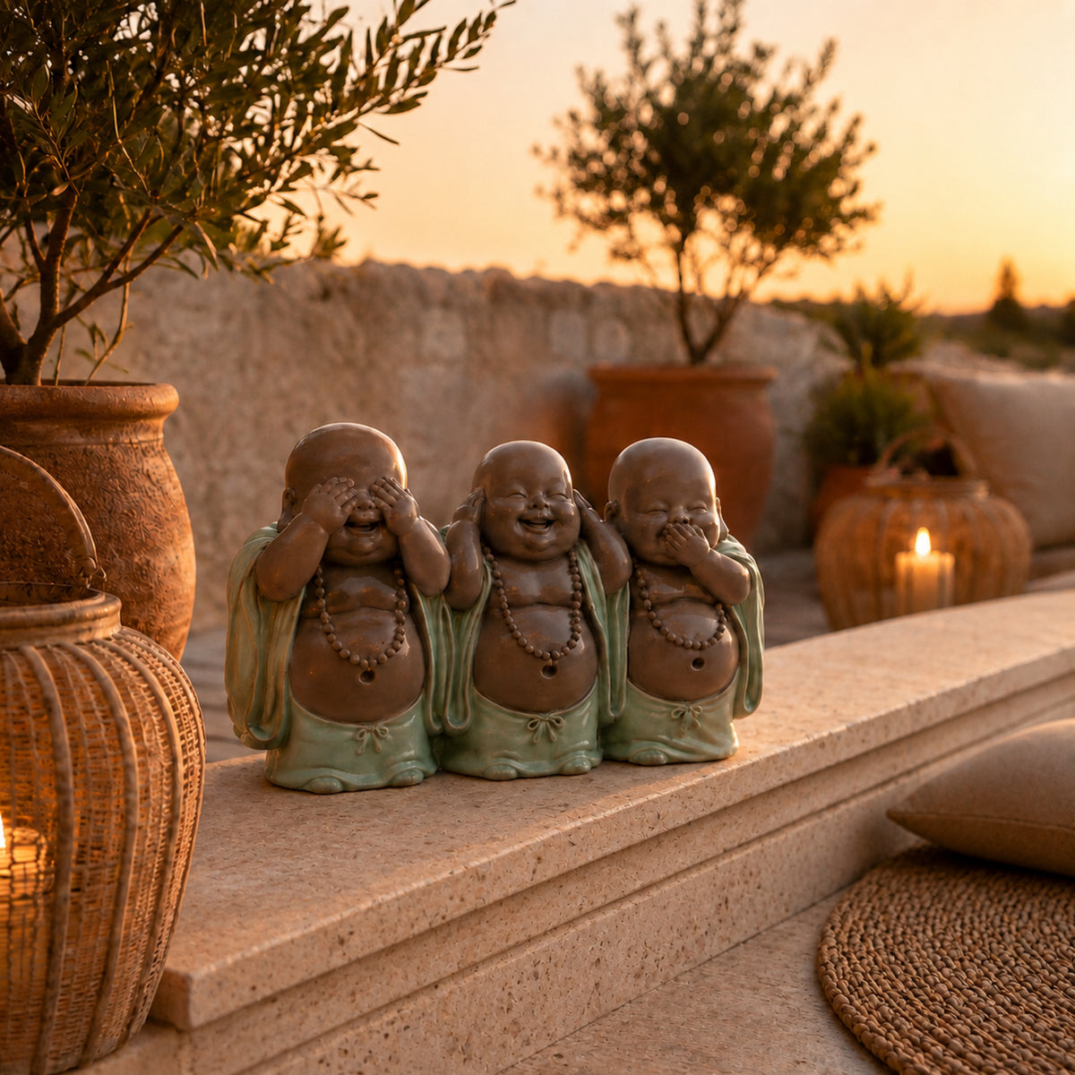 Trio de Bouddhas rieurs de la sagesse en décoration extérieure