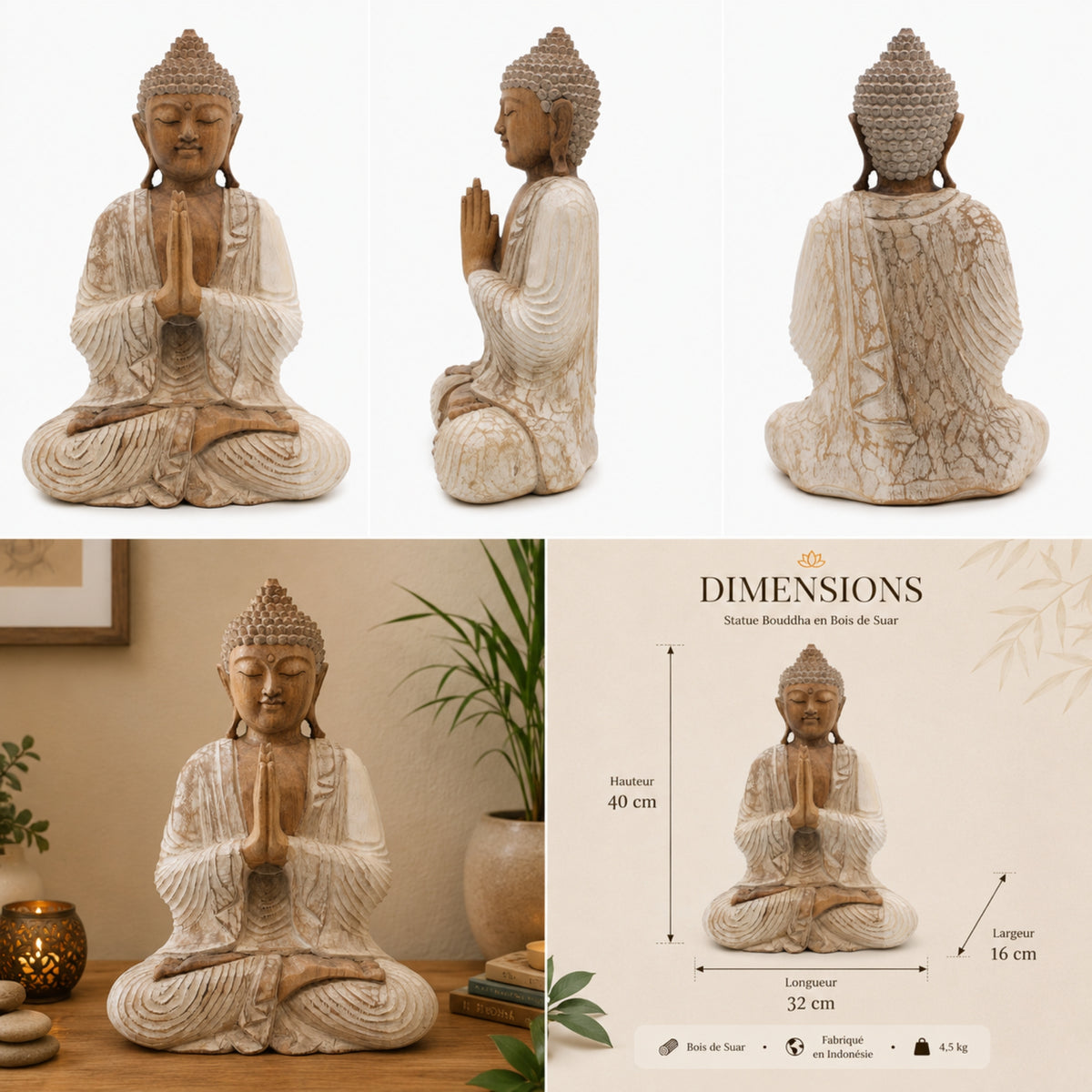Statue Bouddha Namasté aux mains jointes en bois de Suar – 40 cm