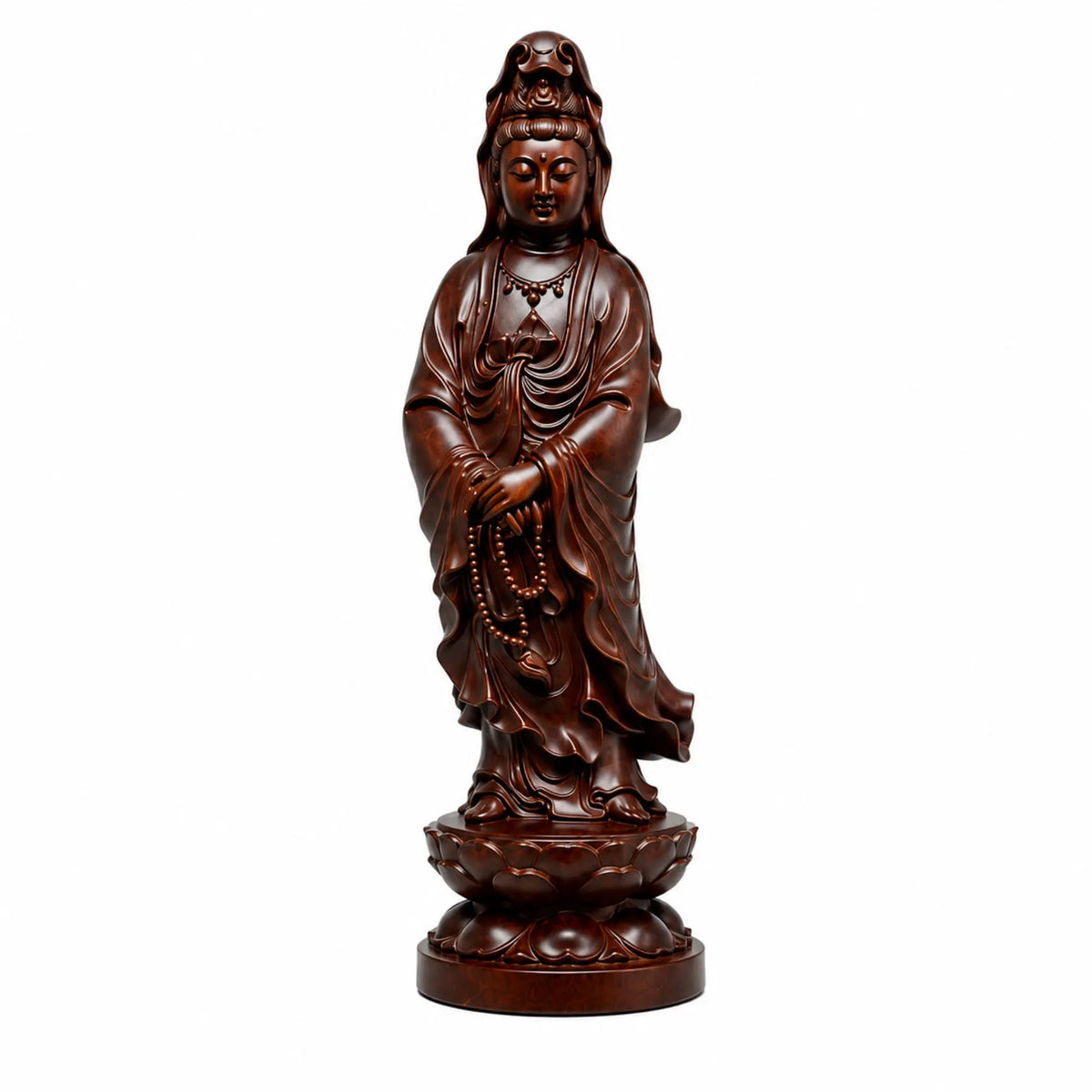 Statue Guanyin debout en bois de buis foncé, vue complète de face avec mala