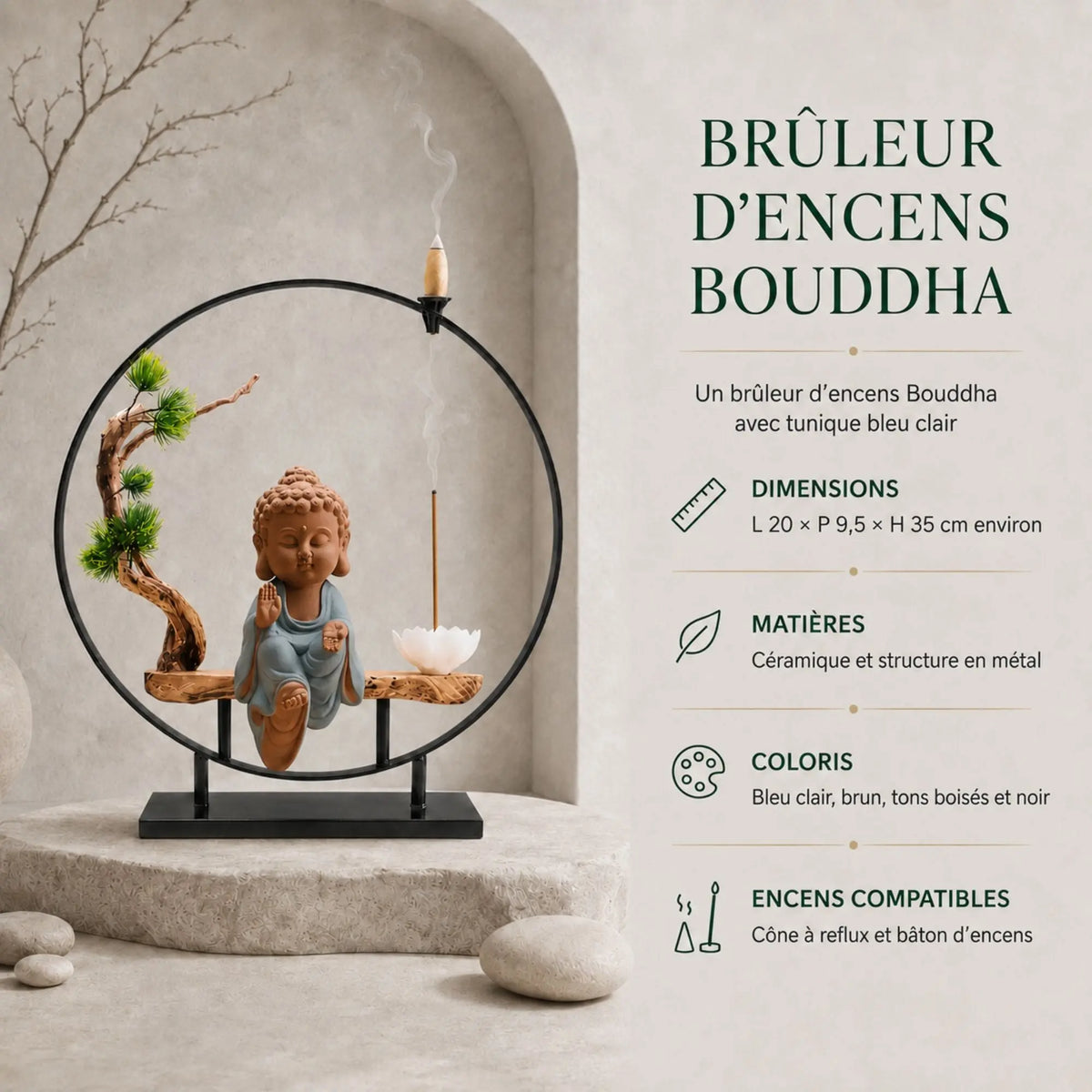 Infographie du brûleur d’encens Bouddha Bulle Paisible bleu de 35 cm, compatible avec les cônes à reflux et les bâtons d’encens.