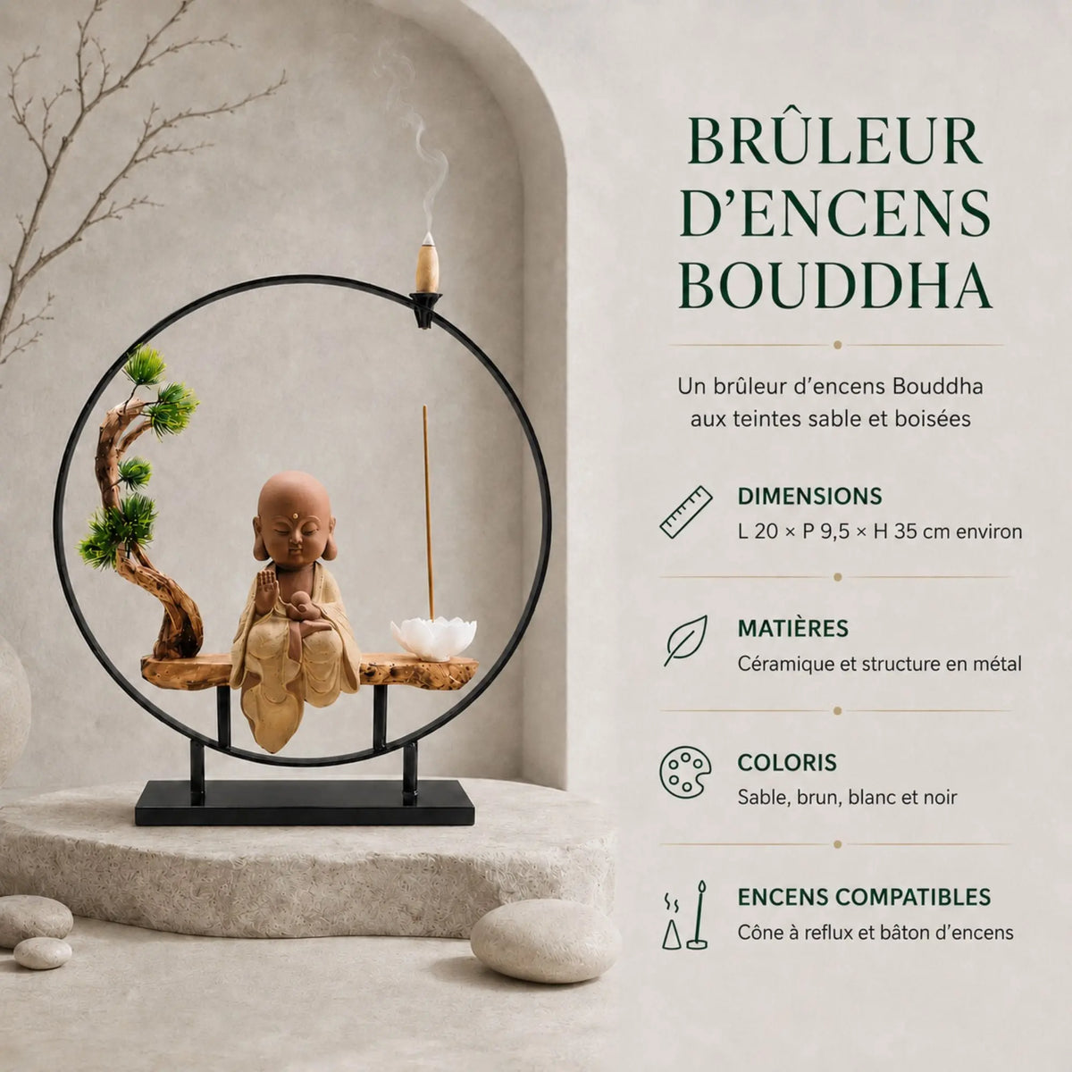 Infographie du brûleur d’encens Bouddha Bulle Paisible sable de 35 cm, compatible avec les cônes à reflux et les bâtons d’encens.