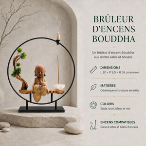 Infographie du brûleur d’encens Bouddha Bulle Paisible sable de 35 cm, compatible avec les cônes à reflux et les bâtons d’encens.
