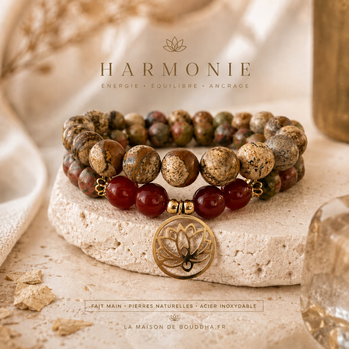 Bracelet jaspe paysage et cornaline naturelle avec pendentif fleur de lotus en acier inoxydable doré