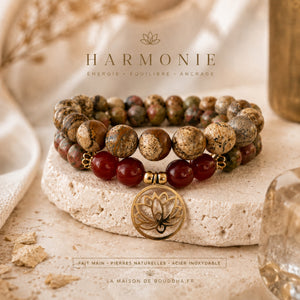 Bracelet jaspe paysage et cornaline naturelle avec pendentif fleur de lotus en acier inoxydable doré