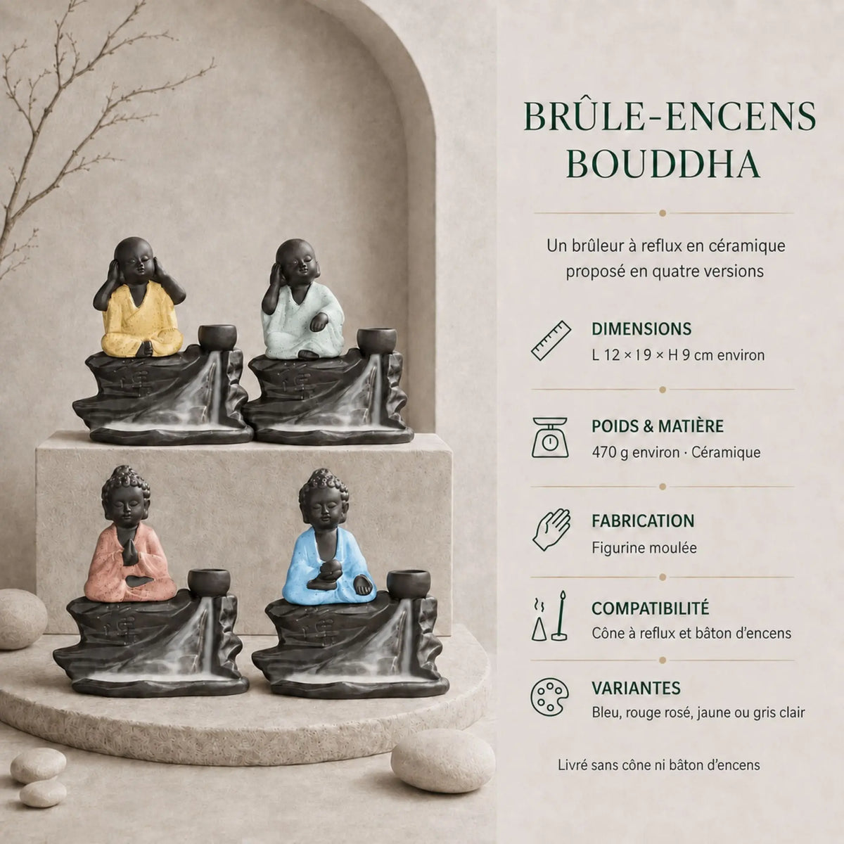 Infographie des quatre brûle-encens Bouddha noirs en céramique avec robes jaune, vert d’eau, rose et bleue.