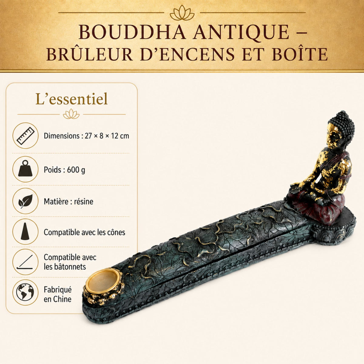 Infographie du brûleur d’encens Bouddha antique en résine – dimensions 27 × 8 × 12 cm