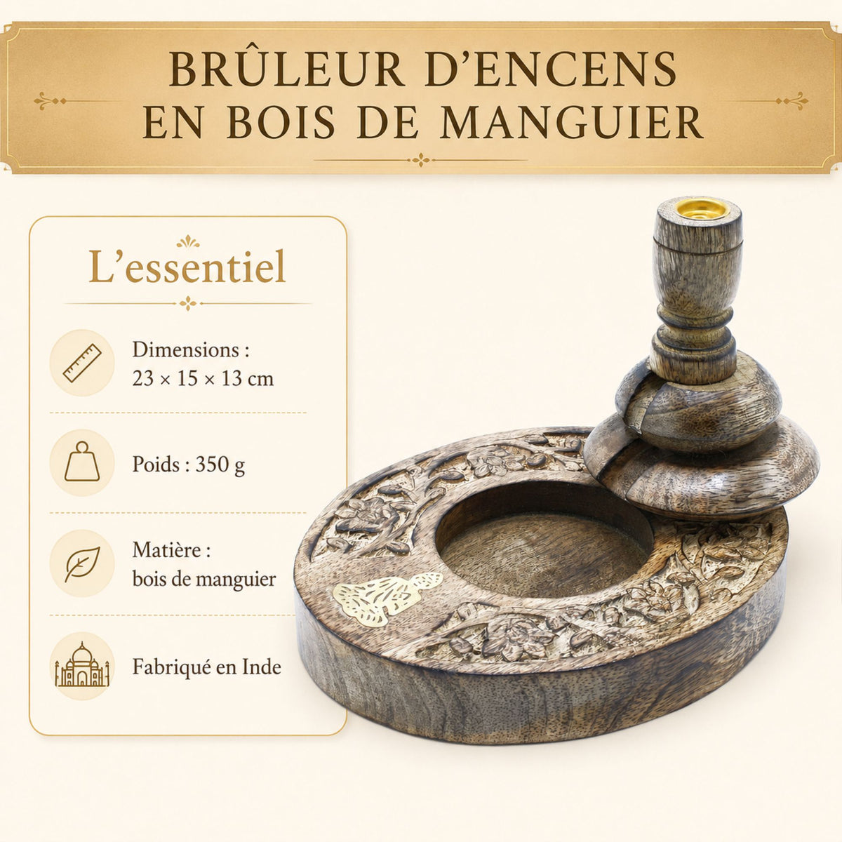 Dimensions et caractéristiques du brûleur d’encens en bois de manguier de 23 cm