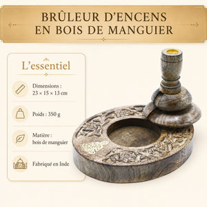 Dimensions et caractéristiques du brûleur d’encens en bois de manguier de 23 cm