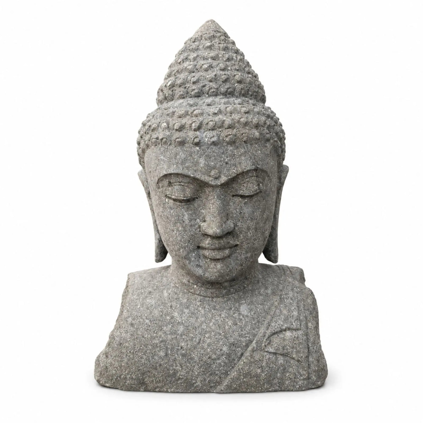 Buste de Bouddha en pierre volcanique naturelle – vue de face – env. 70 cm