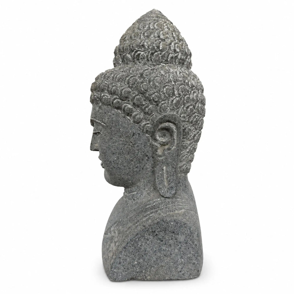 Buste de Bouddha en pierre volcanique naturelle – vue de profil gauche