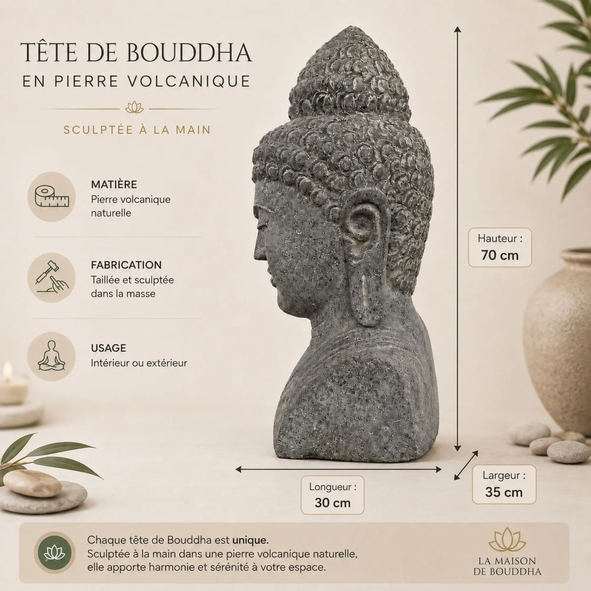 Buste de Bouddha en Pierre Volcanique – env. 70 cm  La Maison de Bouddha