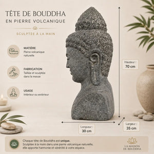 Buste de Bouddha en Pierre Volcanique – env. 70 cm  La Maison de Bouddha