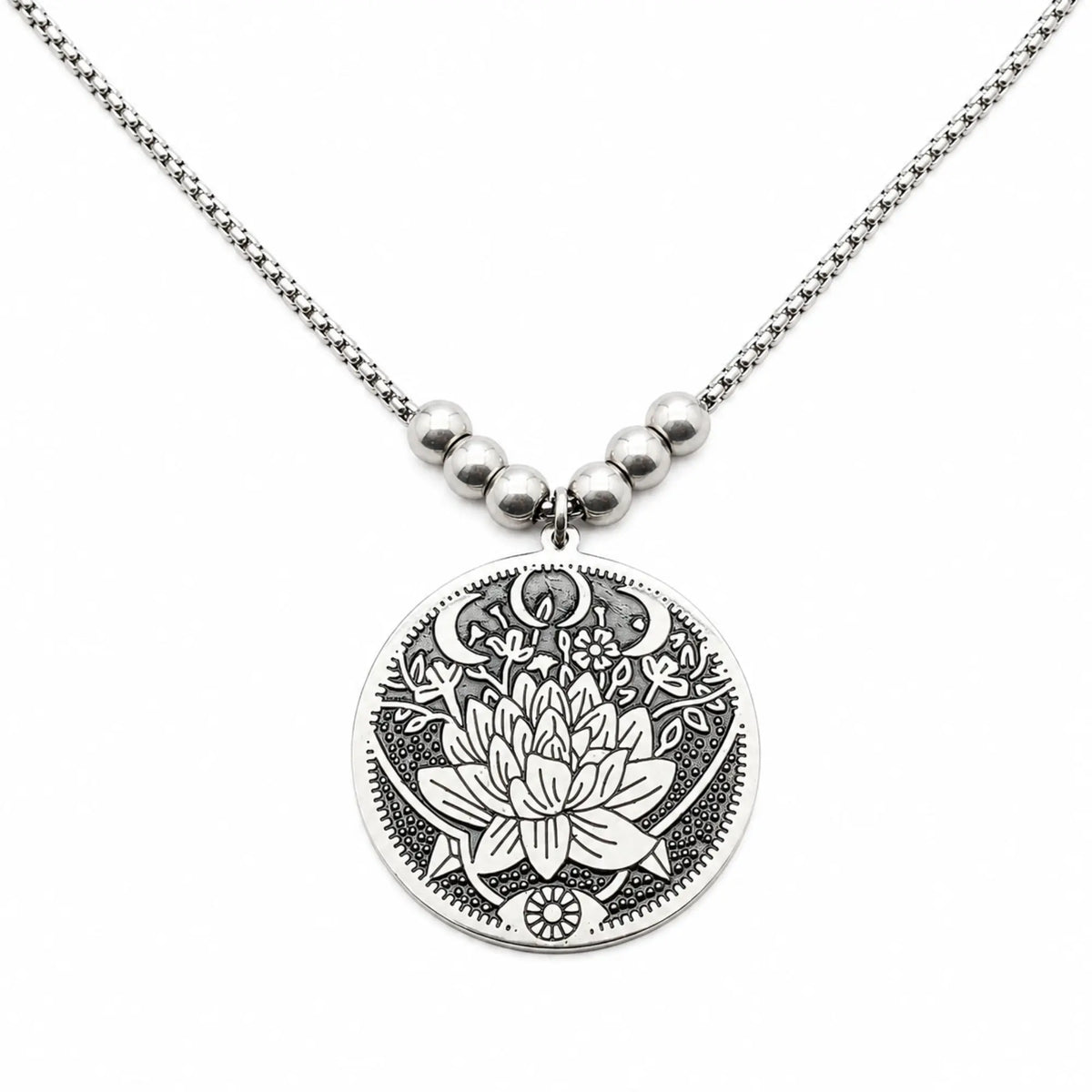 Collier fleur de lotus argenté en acier inoxydable – pendentif spirituel zen