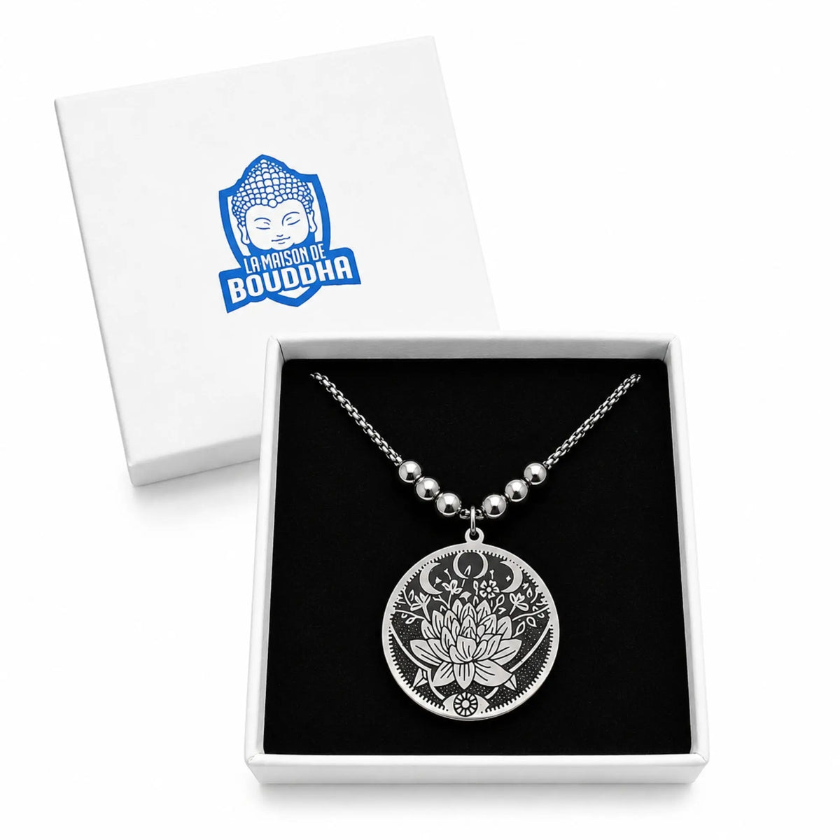 Bijou zen fleur de lotus en acier inoxydable avec pendentif rond gravé