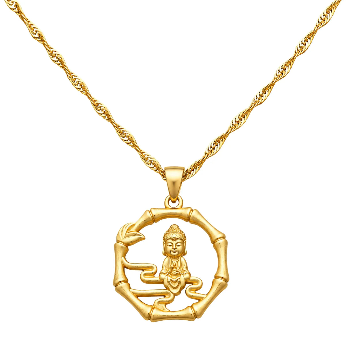Collier Bouddha zen doré avec pendentif méditation et chaîne torsadée en acier inoxydable