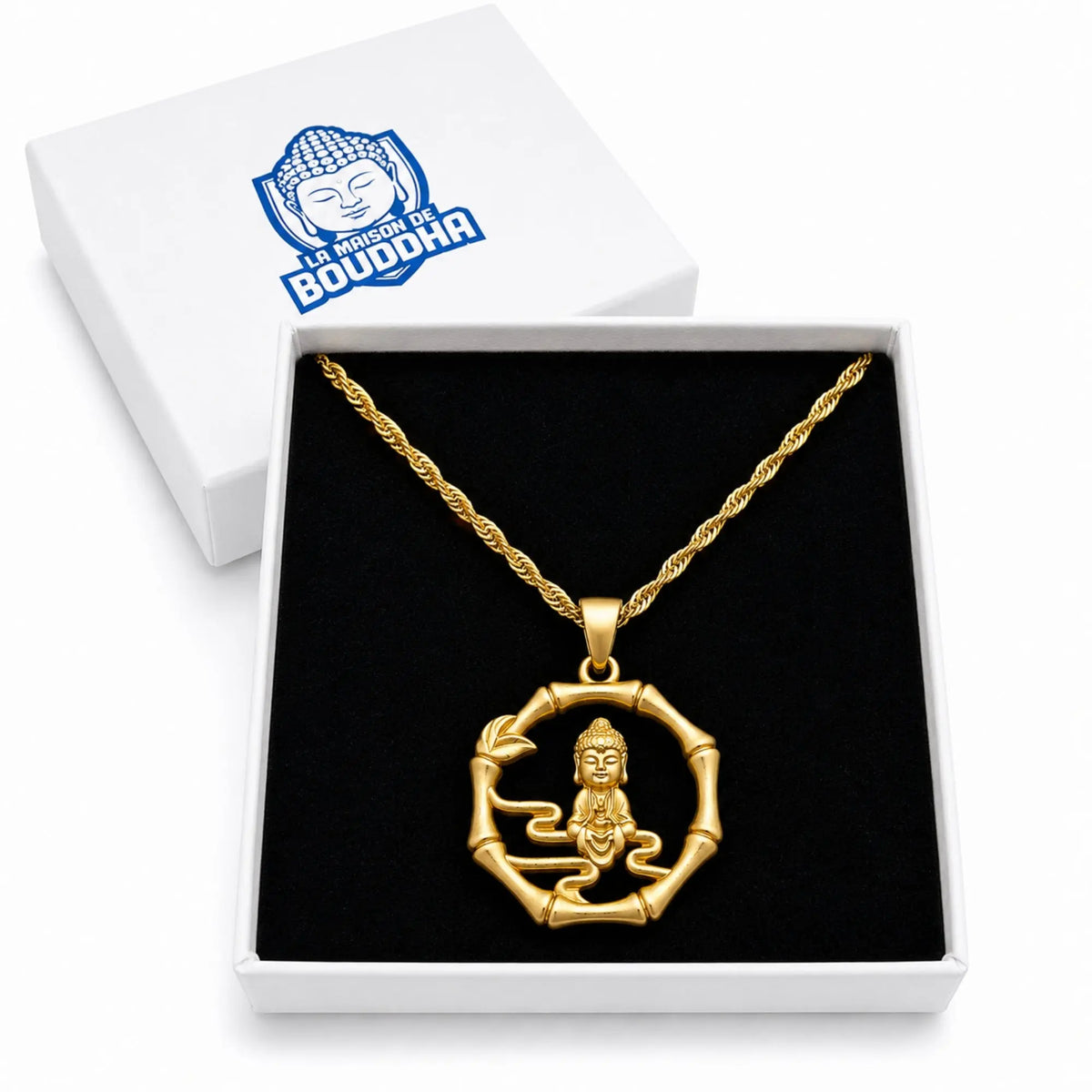 Bijou Bouddha doré style asiatique avec pendentif bambou et chaîne raffinée