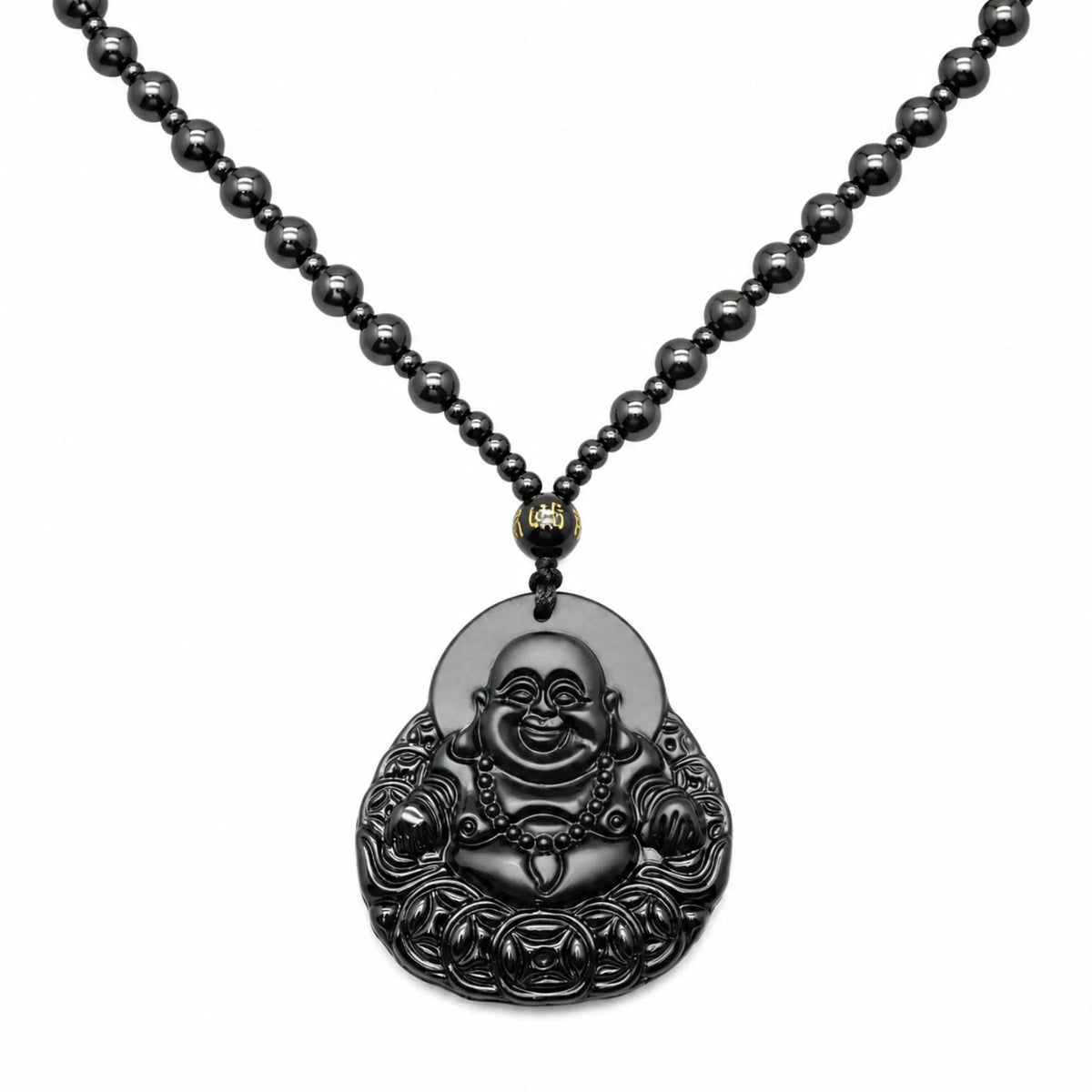 Collier Bouddha rieur noir avec perles mala en obsidienne Colliers La Maison de Bouddha