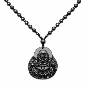 Collier Bouddha rieur noir avec perles mala en obsidienne Colliers La Maison de Bouddha