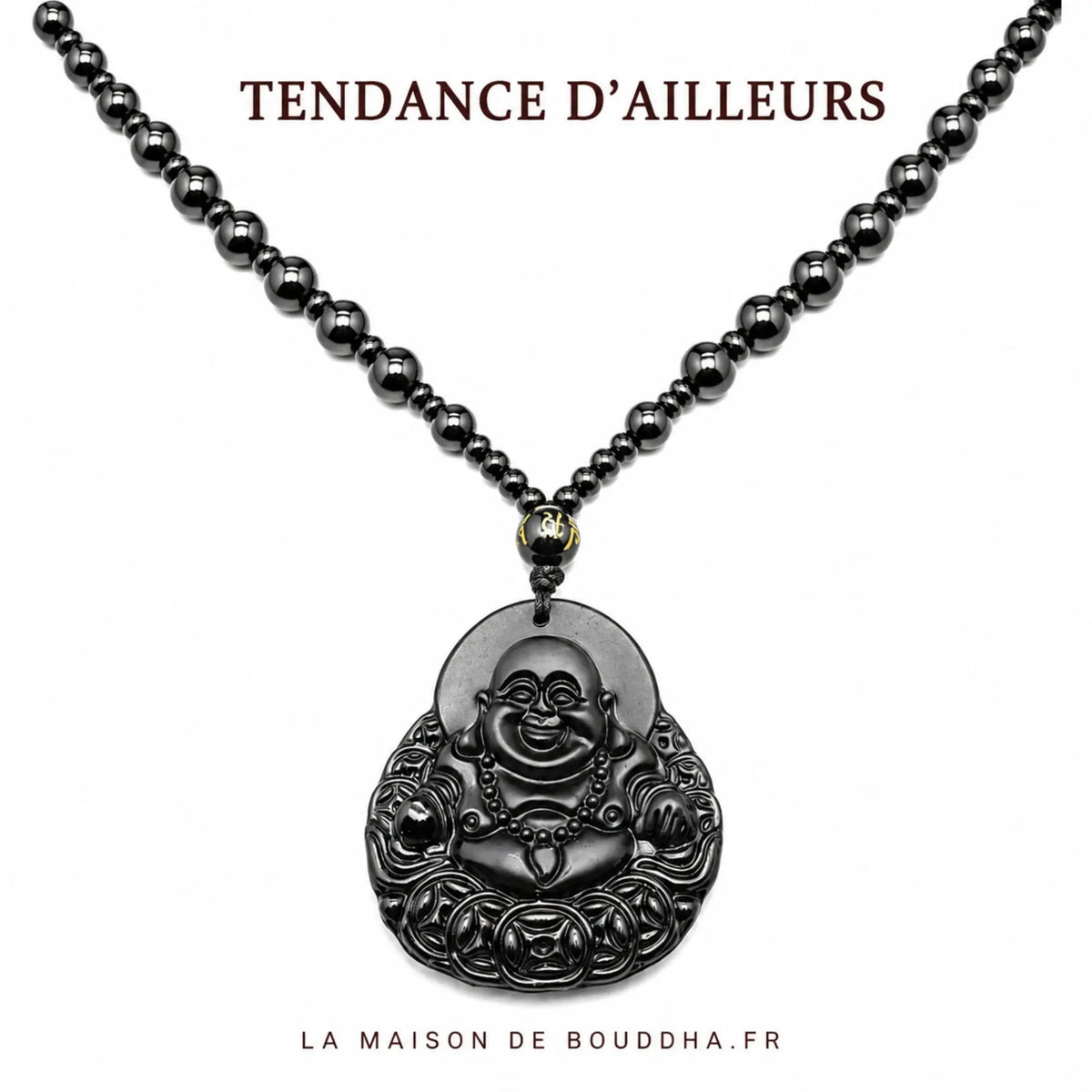 Collier Bouddha rieur noir avec perles mala en obsidienne Colliers La Maison de Bouddha