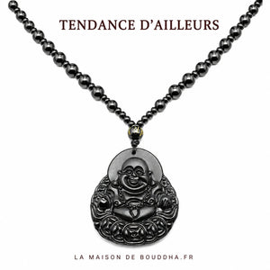 Collier Bouddha rieur noir avec perles mala en obsidienne Colliers La Maison de Bouddha