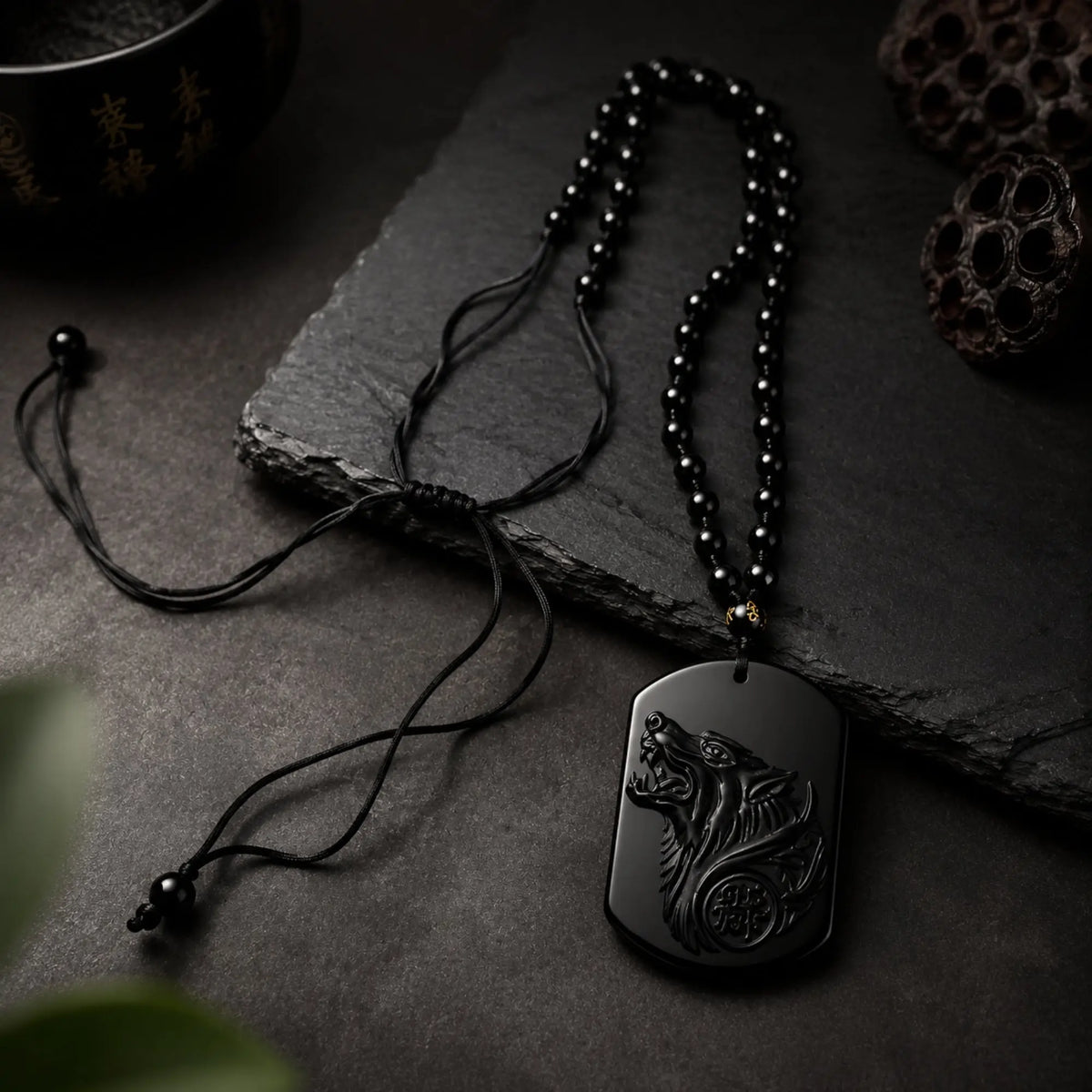 Collier Loup en Obsidienne Noire Naturelle Réglable Colliers La Maison de Bouddha