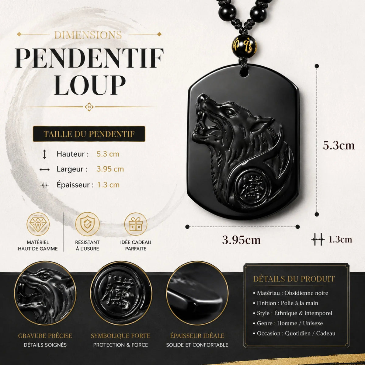 Collier Loup en Obsidienne Noire Naturelle Réglable Colliers La Maison de Bouddha