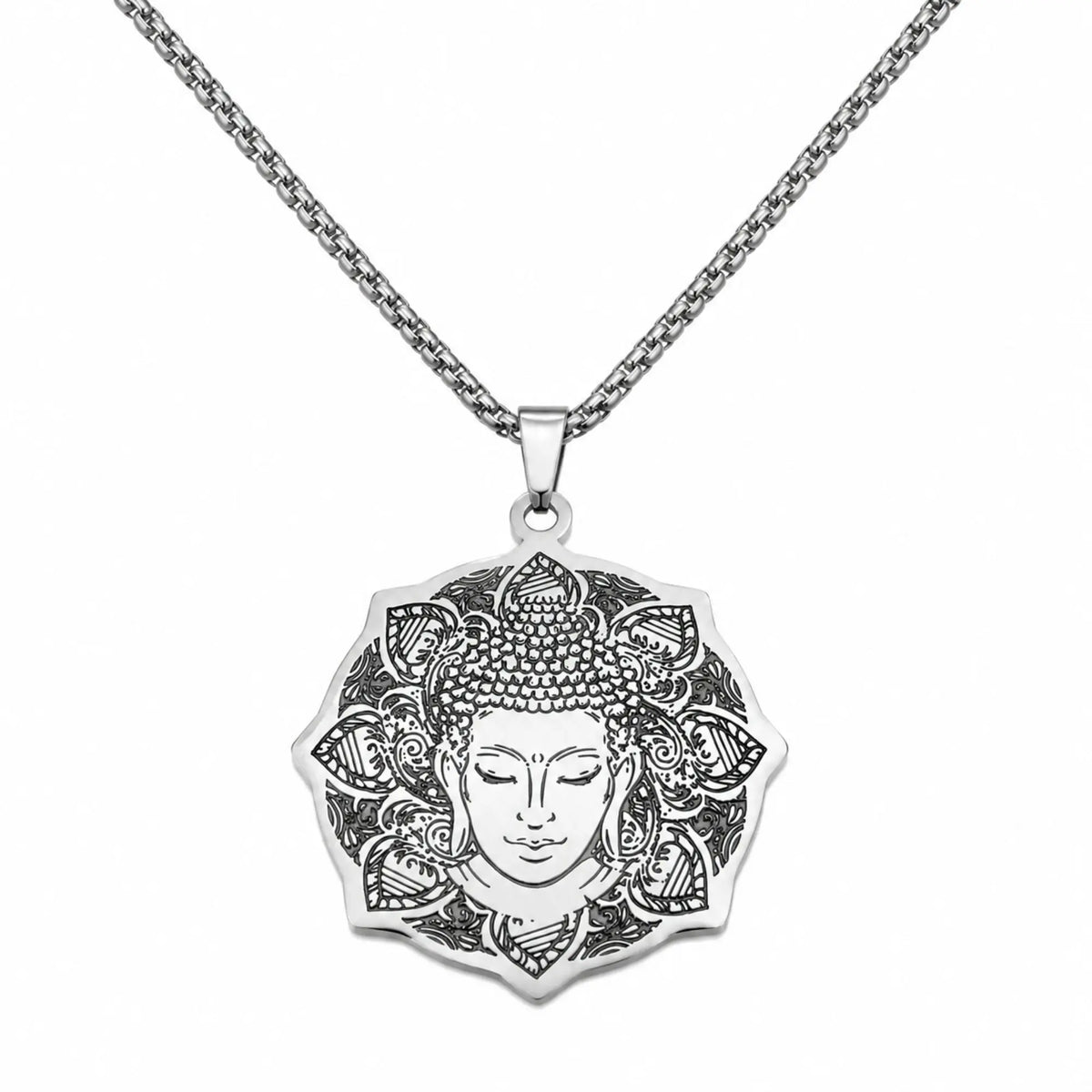 Collier zen Bouddha argenté avec pendentif floral style mandala  La Maison de Bouddha