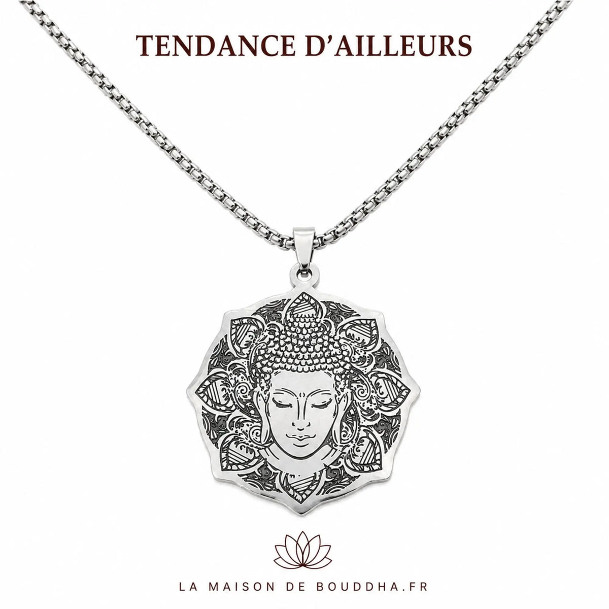 Collier zen Bouddha argenté avec pendentif floral style mandala  La Maison de Bouddha
