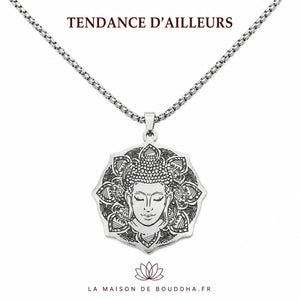 Collier zen Bouddha argenté avec pendentif floral style mandala  La Maison de Bouddha