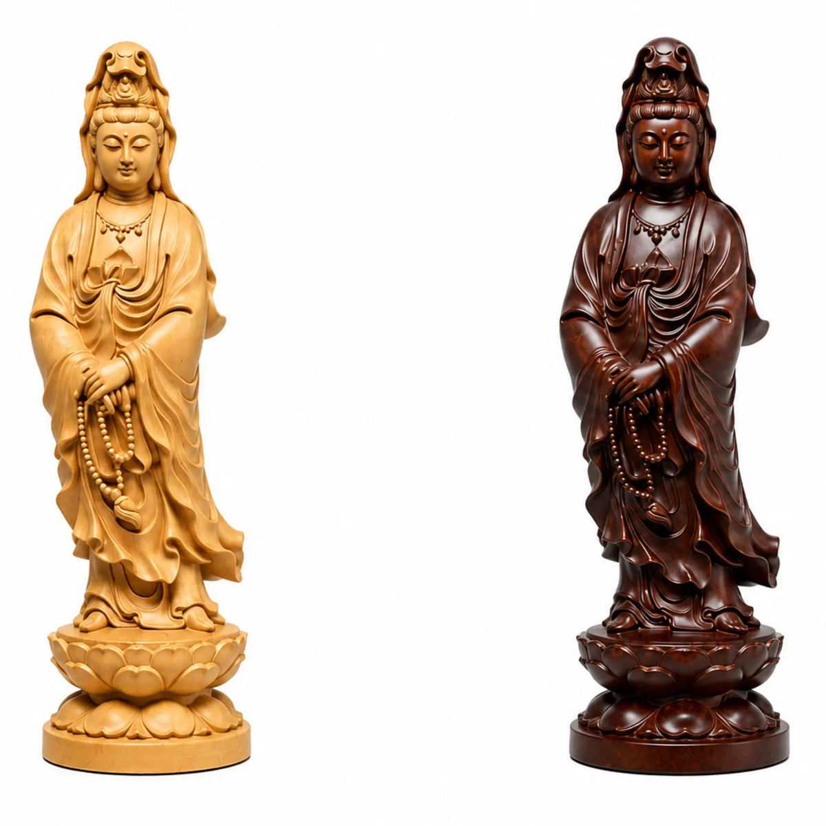 Statue Guanyin debout en bois de buis, comparaison des finitions bois clair et bois foncé
