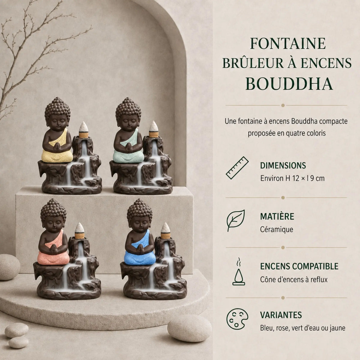 Quatre fontaines brûleurs à encens Bouddha en céramique, déclinées en bleu, rose, vert d’eau et jaune, avec cônes à reflux.