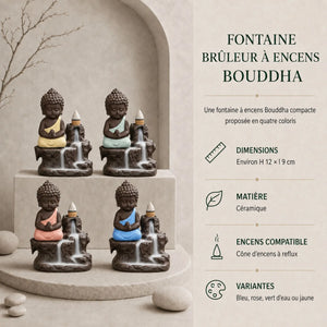 Quatre fontaines brûleurs à encens Bouddha en céramique, déclinées en bleu, rose, vert d’eau et jaune, avec cônes à reflux.