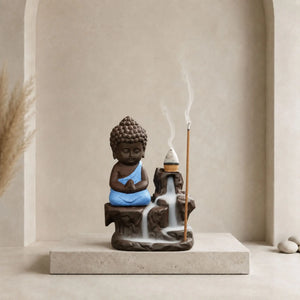 Fontaine brûleur à encens Bouddha en céramique bleue avec cascade de fumée