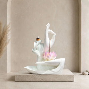 Fontaine à encens Main de Bouddha blanche en céramique avec fleur de lotus rose